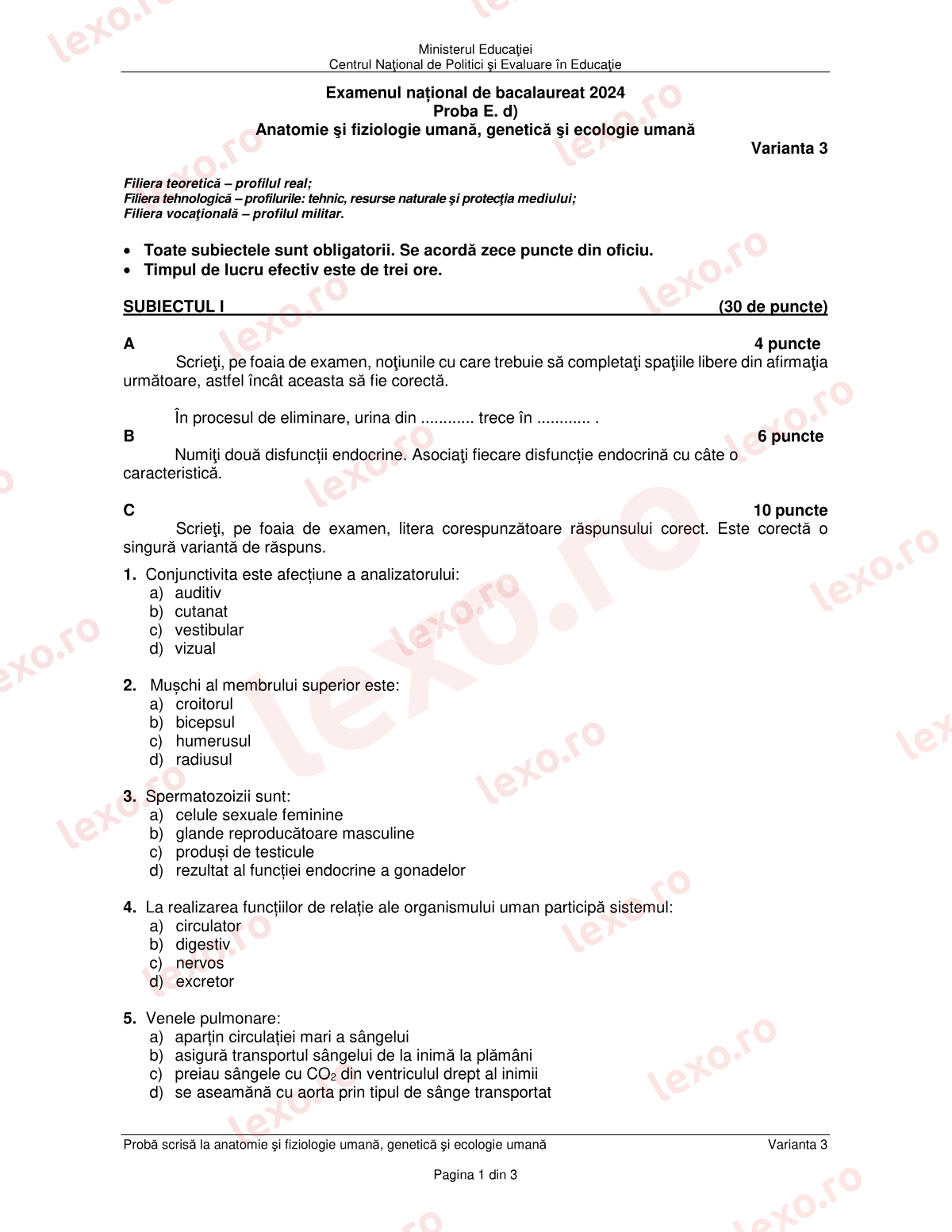 Subiecte Bacalaureat 2024 – Anatomie și fiziologie umană, genetică și ecologie umană – sesiunea iunie–iulie (subiect + barem)