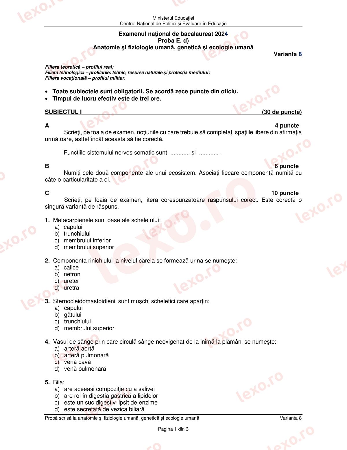Subiecte Bacalaureat 2024 – Anatomie și fiziologie umană, genetică și ecologie umană – sesiunea august–septembrie (subiect + barem)