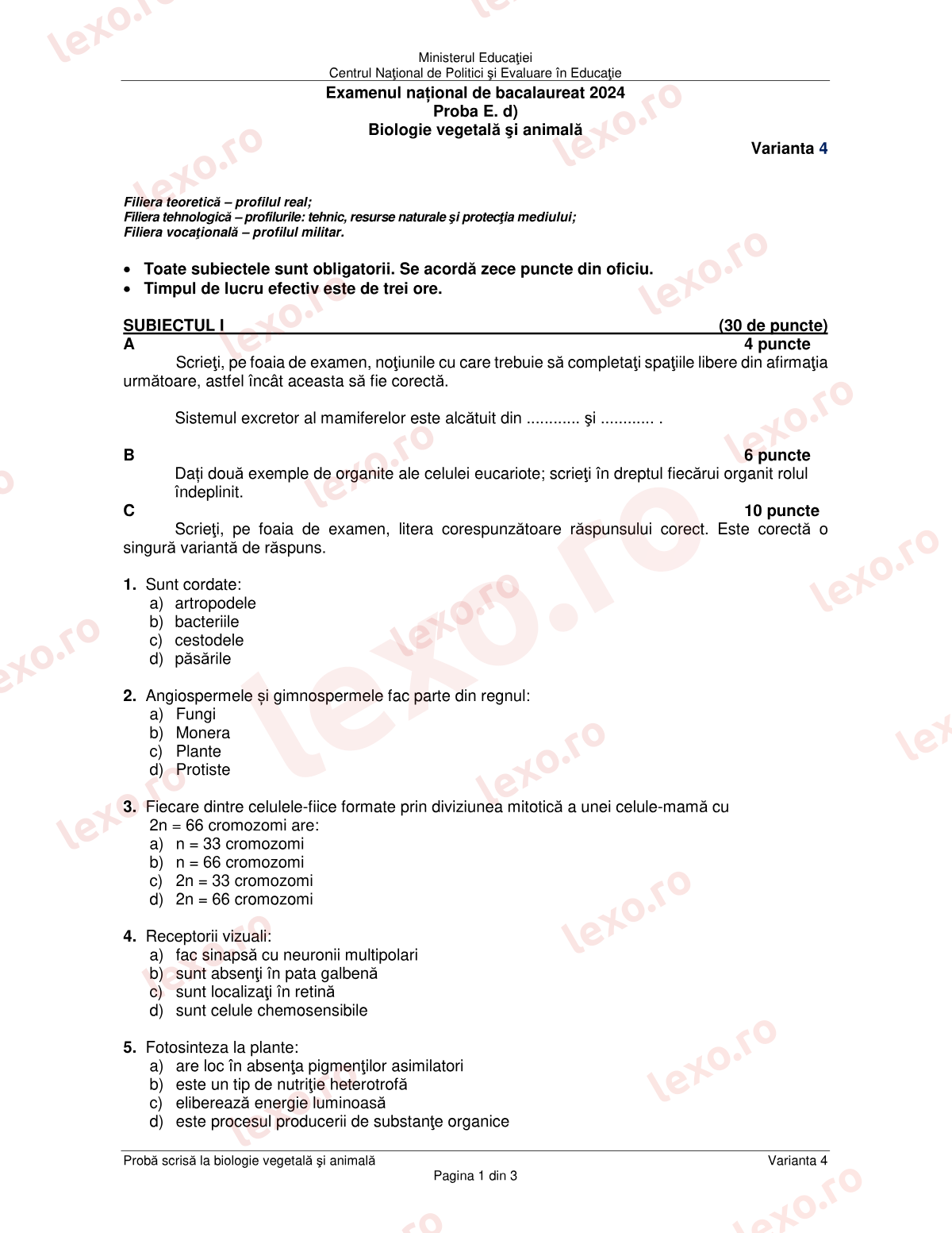 Subiecte Bacalaureat 2024 – Biologie vegetală și animală – sesiunea specială (subiect + barem)
