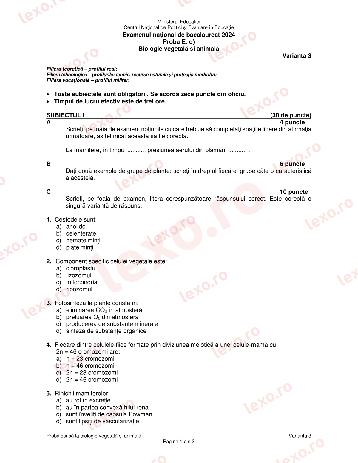Subiecte Bacalaureat 2024 – Biologie vegetală și animală – sesiunea iunie–iulie (subiect + barem)