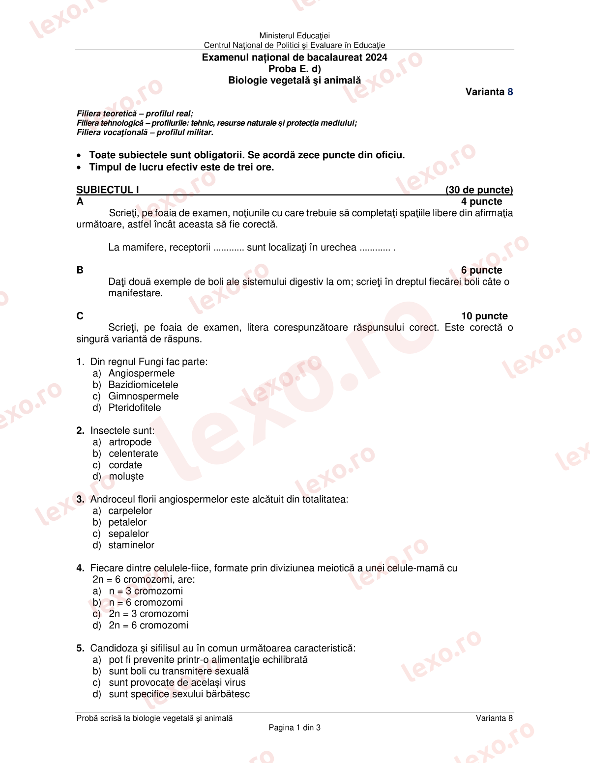 Subiecte Bacalaureat 2024 – Biologie vegetală și animală – sesiunea august–septembrie (subiect + barem)