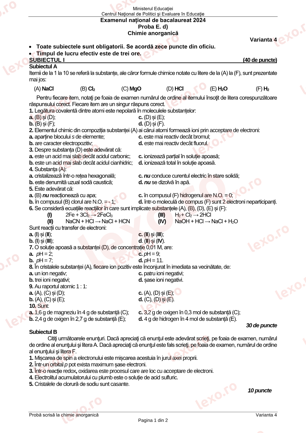 Subiecte Bacalaureat 2024 – Chimie anorganică – sesiunea specială (subiect + barem)