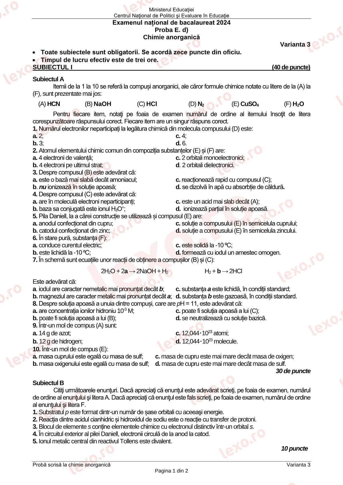 Subiecte Bacalaureat 2024 – Chimie anorganică – sesiunea iunie–iulie (subiect + barem)
