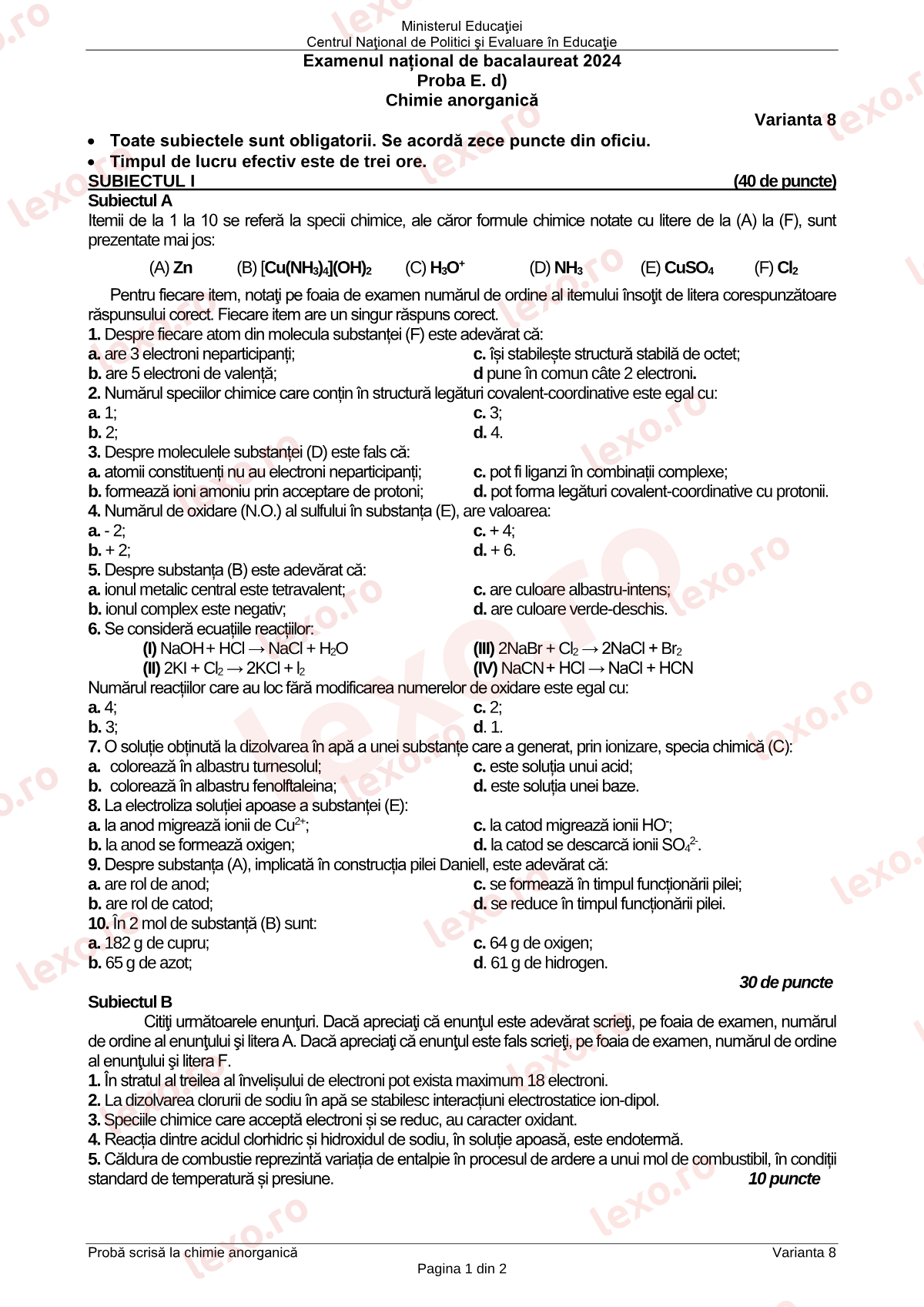 Subiecte Bacalaureat 2024 – Chimie anorganică – sesiunea august–septembrie (subiect + barem)