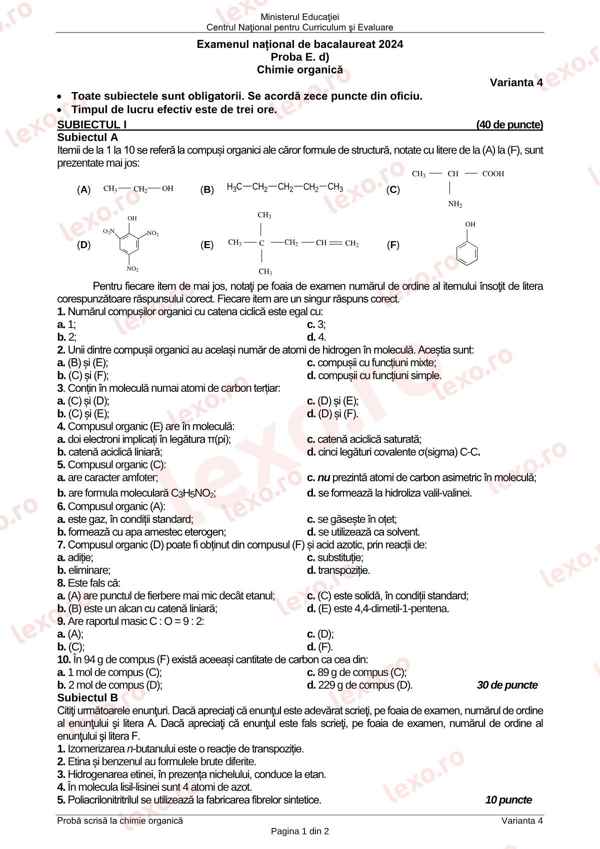 Subiecte Bacalaureat 2024 – Chimie organică – sesiunea specială (subiect + barem)