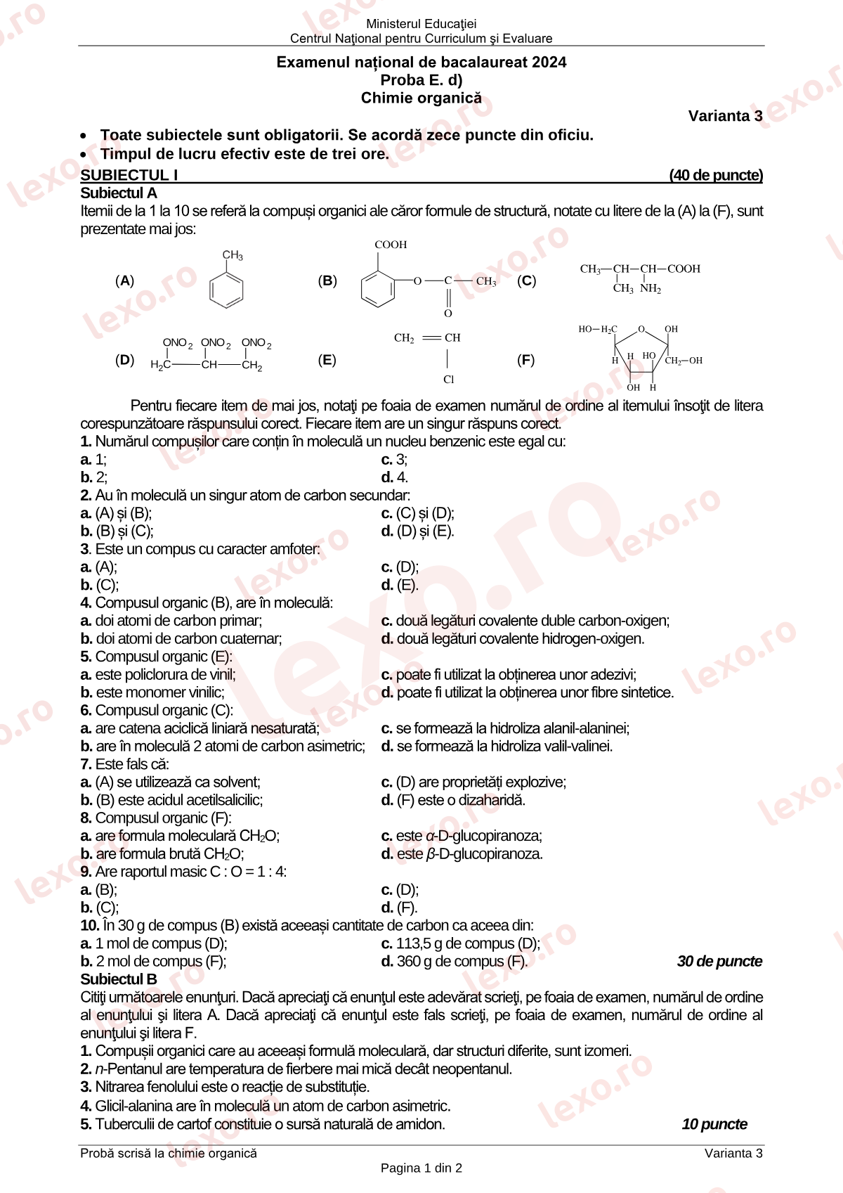 Subiecte Bacalaureat 2024 – Chimie organică – sesiunea iunie–iulie (subiect + barem)