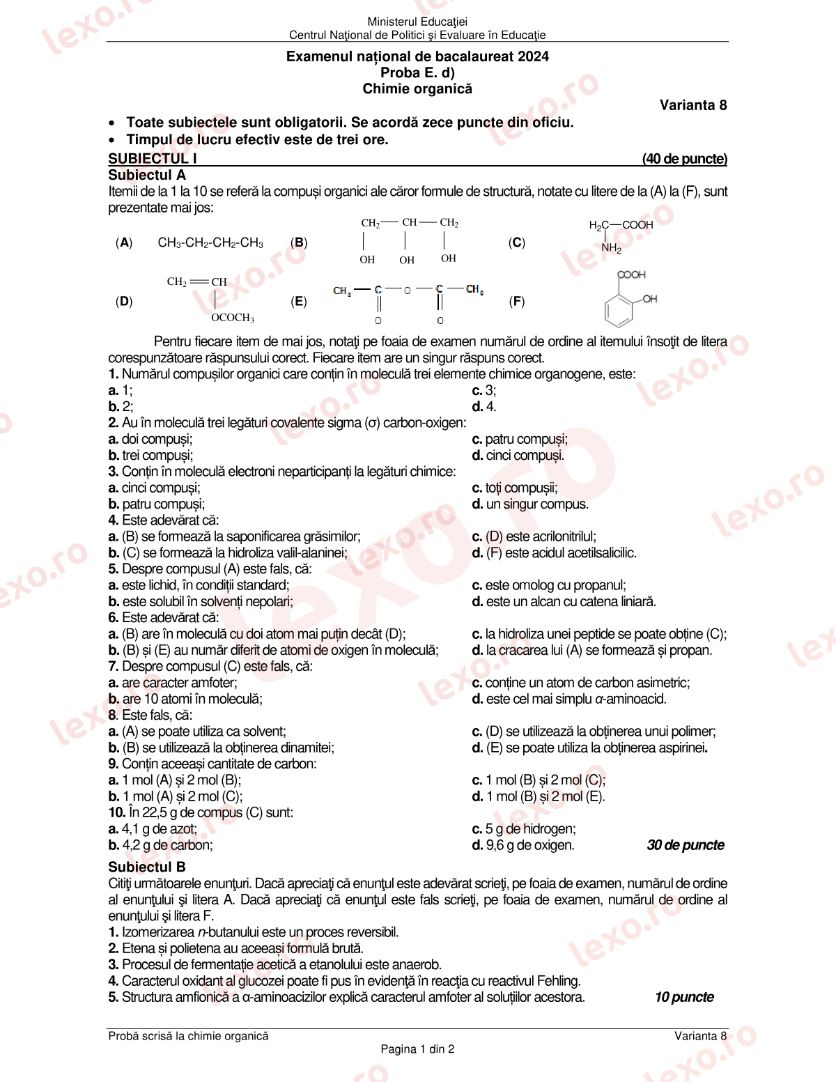 Subiecte Bacalaureat 2024 – Chimie organică – sesiunea august–septembrie (subiect + barem)