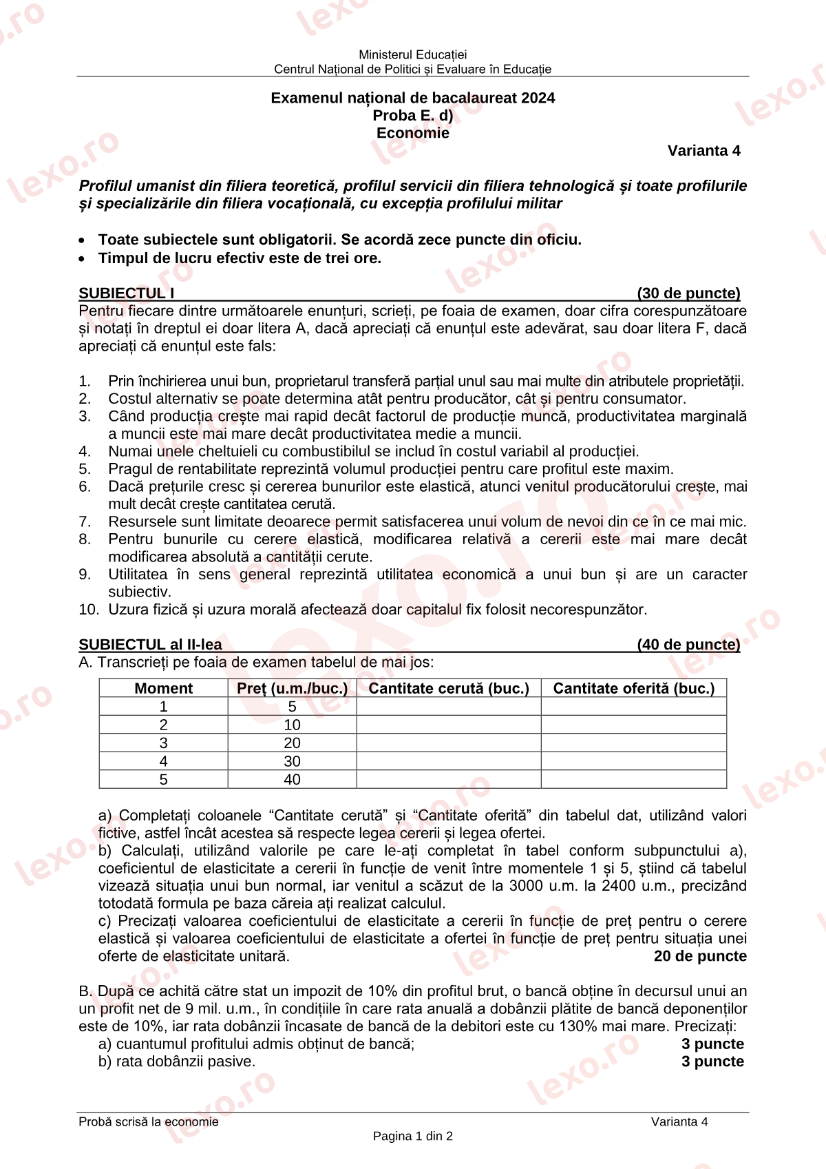 Subiecte Bacalaureat 2024 – Economie – sesiunea specială (subiect + barem)