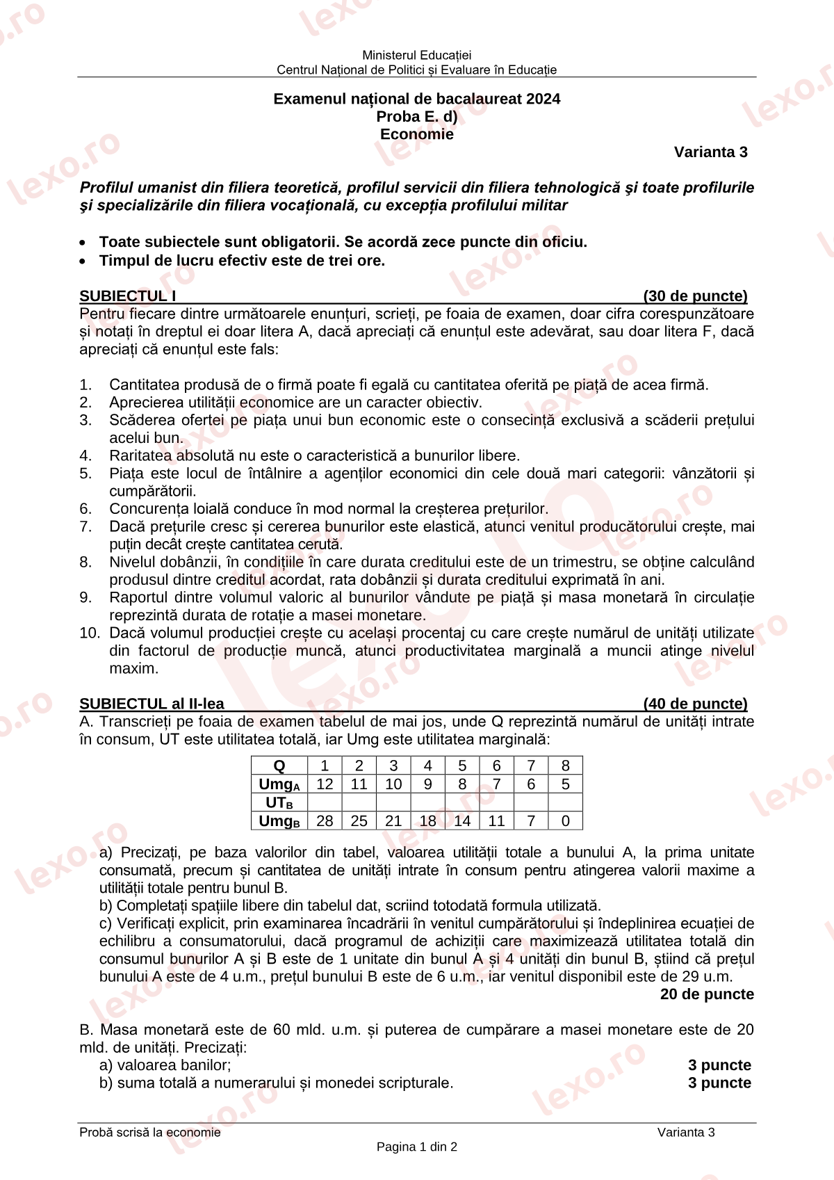 Subiecte Bacalaureat 2024 – Economie – sesiunea iunie–iulie (subiect + barem)