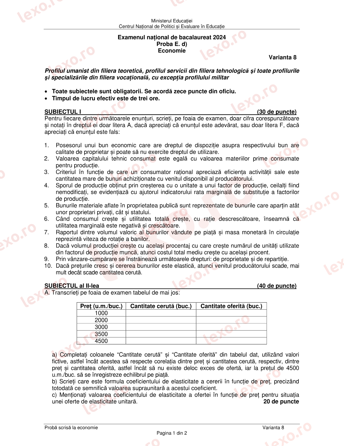 Subiecte Bacalaureat 2024 – Economie – sesiunea august–septembrie (subiect + barem)