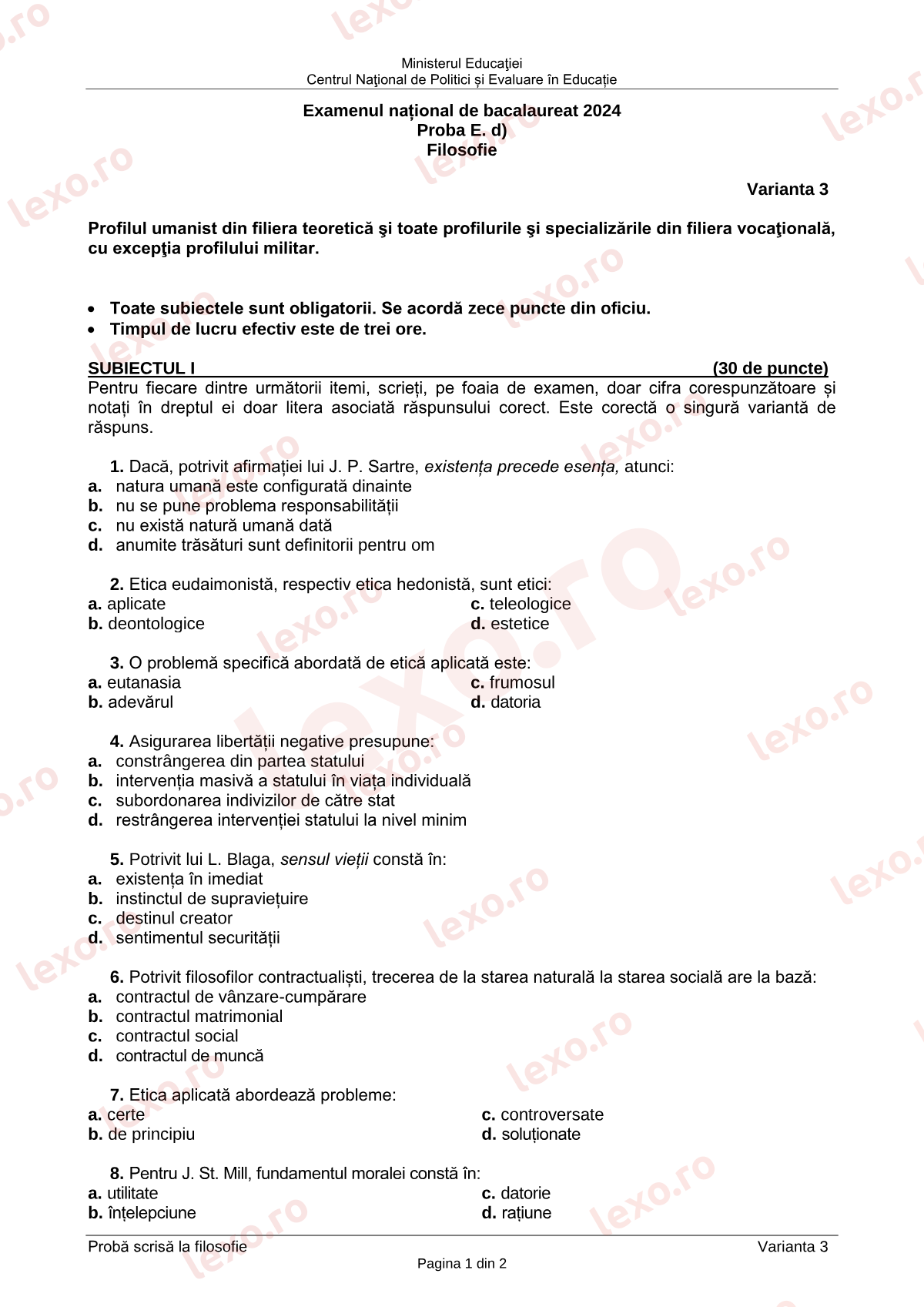 Subiecte Bacalaureat 2024 – Filosofie – sesiunea iunie–iulie (subiect + barem)