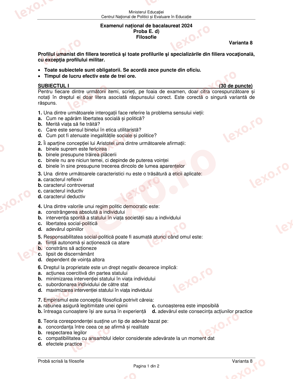 Subiecte Bacalaureat 2024 – Filosofie – sesiunea august–septembrie (subiect + barem)