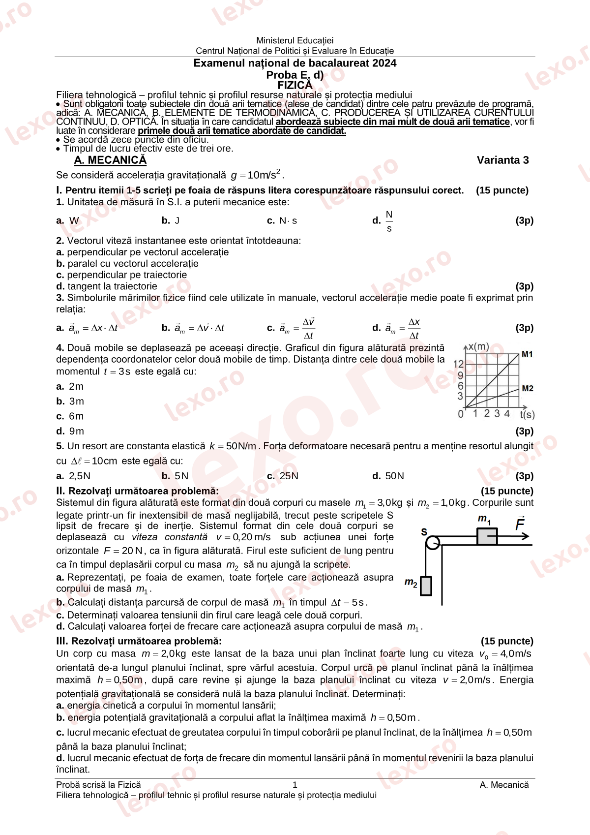 Subiecte Bacalaureat 2024 – Fizică — profil tehnologic – sesiunea iunie–iulie (subiect + barem)