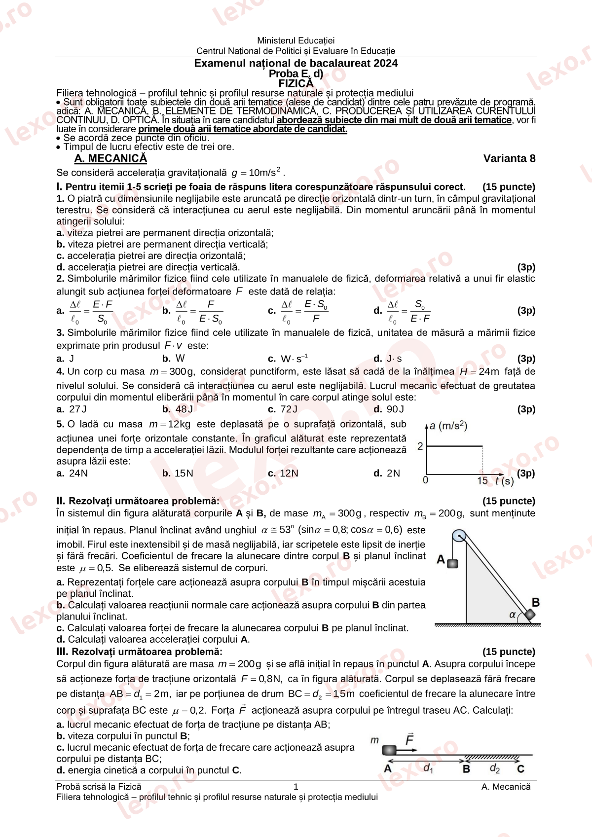 Subiecte Bacalaureat 2024 – Fizică — profil tehnologic – sesiunea august–septembrie (subiect + barem)