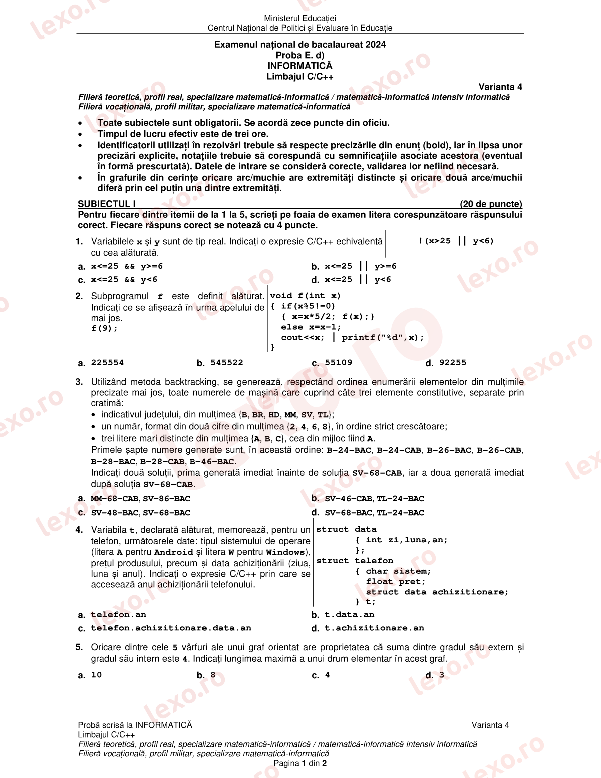 Subiecte Bacalaureat 2024 – Informatică — specializarea matematică-informatică – sesiunea specială (subiect + barem)