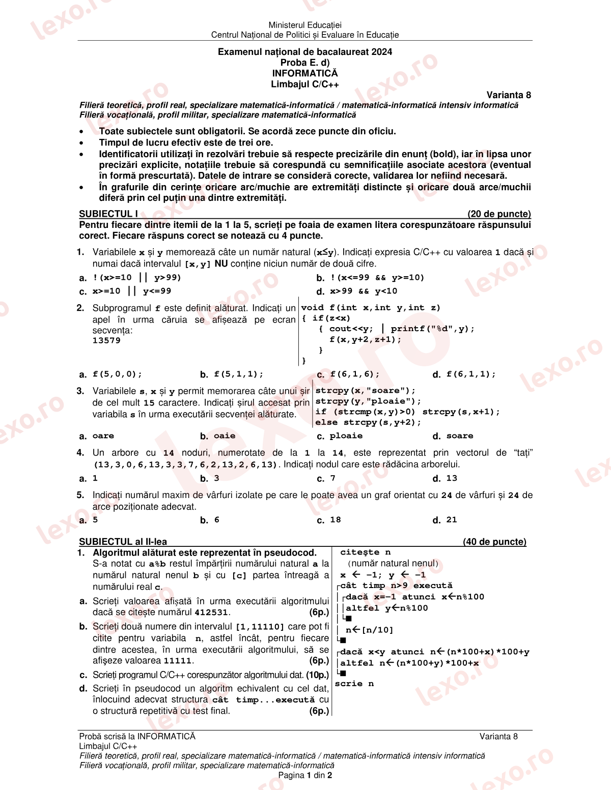 Subiecte Bacalaureat 2024 – Informatică — specializarea matematică-informatică – sesiunea august–septembrie (subiect + barem)