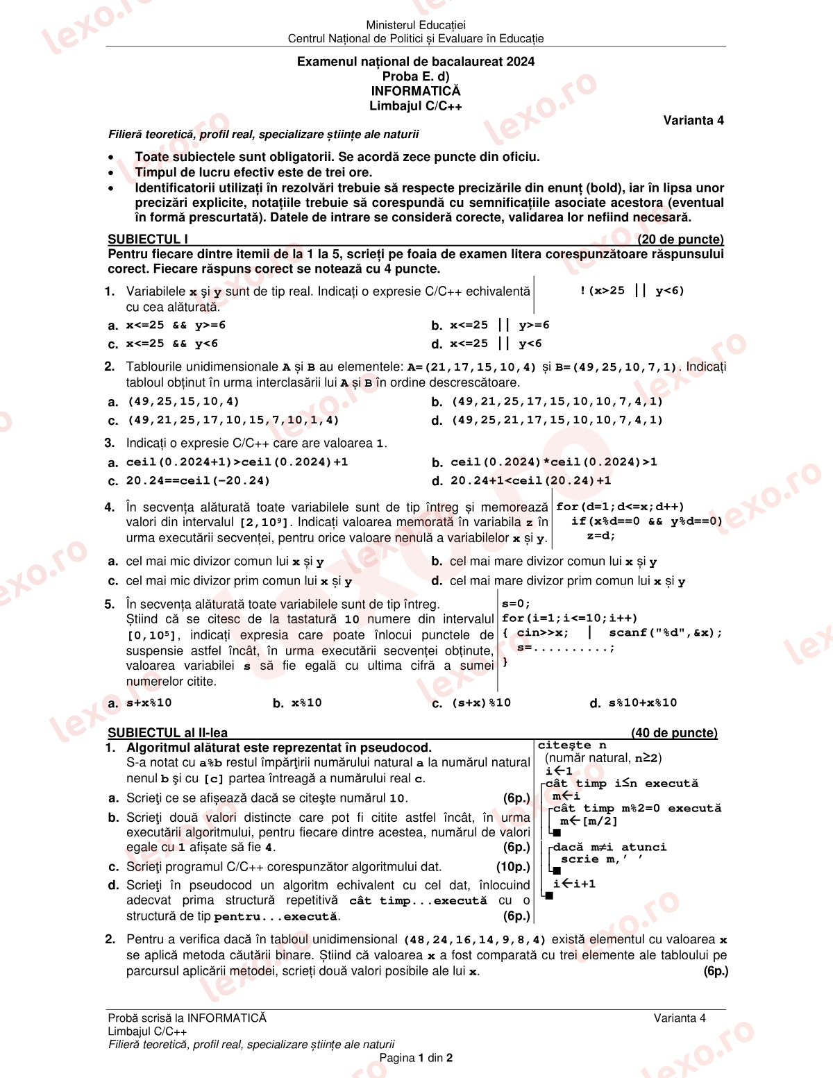 Subiecte Bacalaureat 2024 – Informatică — specializarea științe ale naturii – sesiunea specială (subiect + barem)