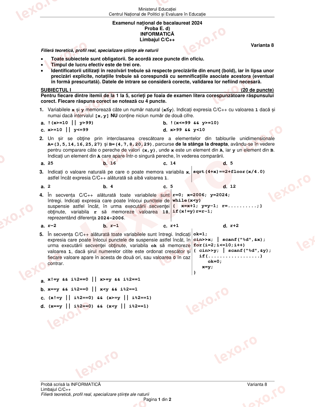Subiecte Bacalaureat 2024 – Informatică — specializarea științe ale naturii – sesiunea august–septembrie (subiect + barem)