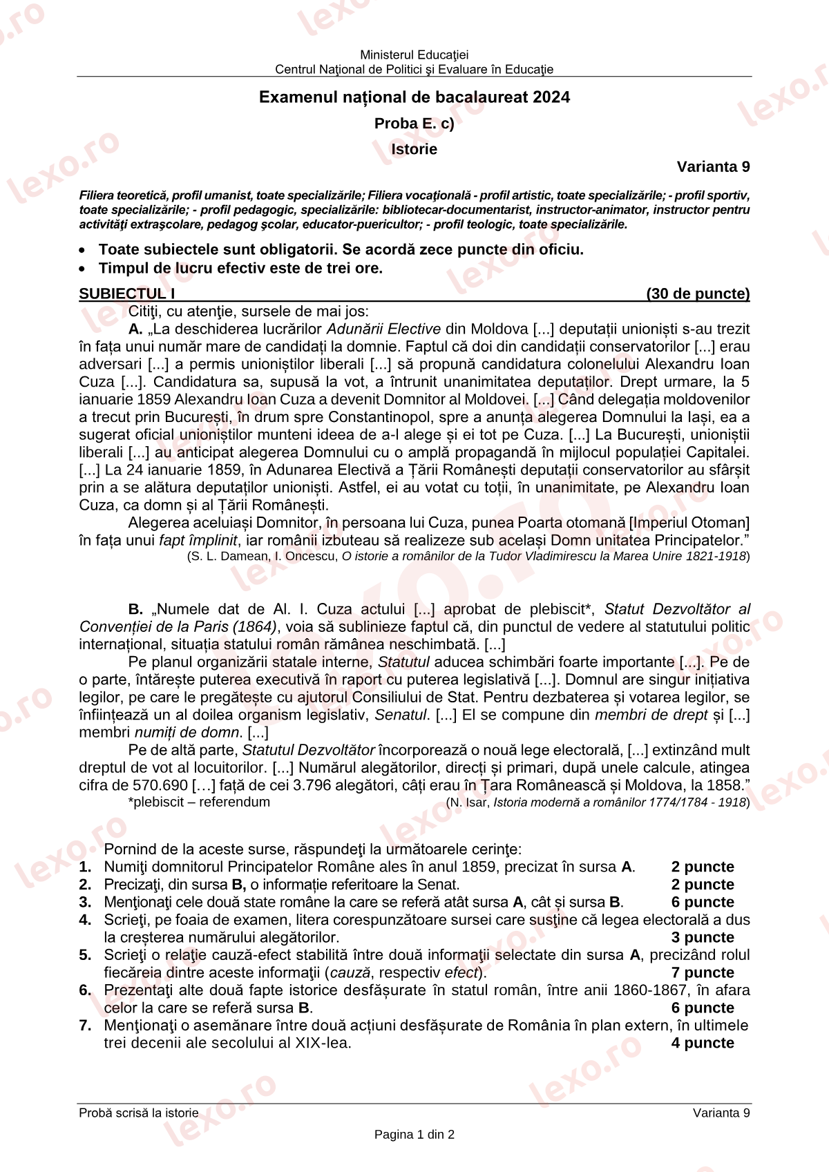 Subiecte Bacalaureat 2024 – Istorie – sesiunea specială (subiect + barem)