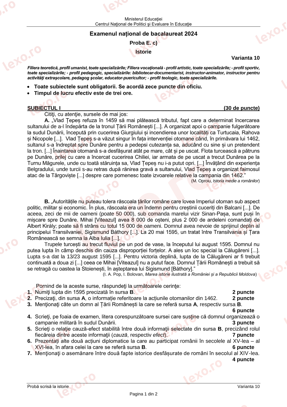 Subiecte Bacalaureat 2024 – Istorie – sesiunea iunie–iulie (subiect + barem)