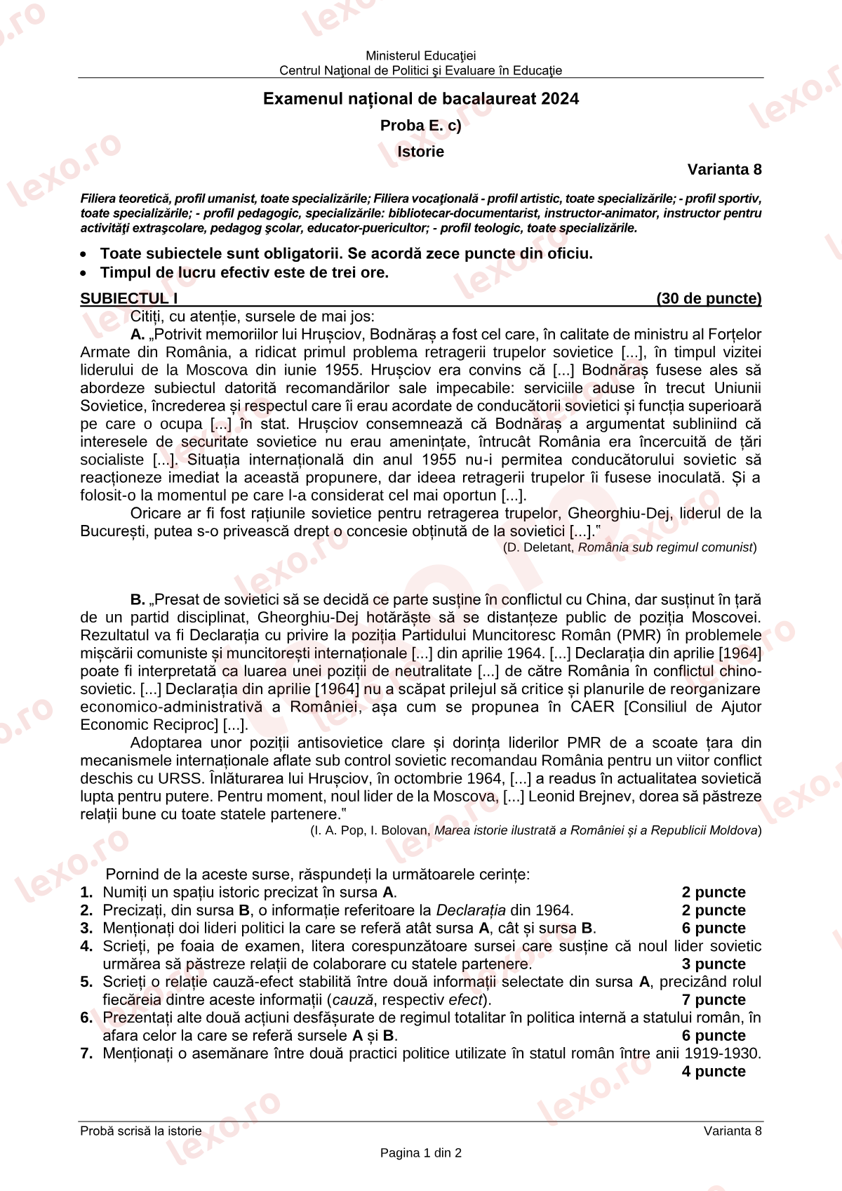 Subiecte Bacalaureat 2024 – Istorie – sesiunea iunie–iulie, rezervă (subiect + barem)
