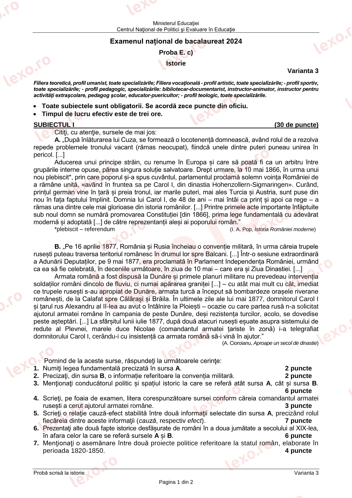 Subiecte Bacalaureat 2024 – Istorie – sesiunea august–septembrie (subiect + barem)