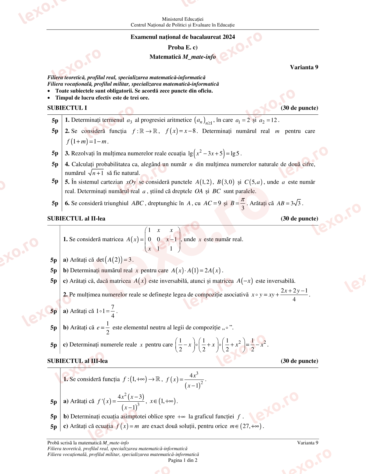 Subiecte Bacalaureat 2024 – Matematică M_mate-info – sesiunea specială (subiect + barem)