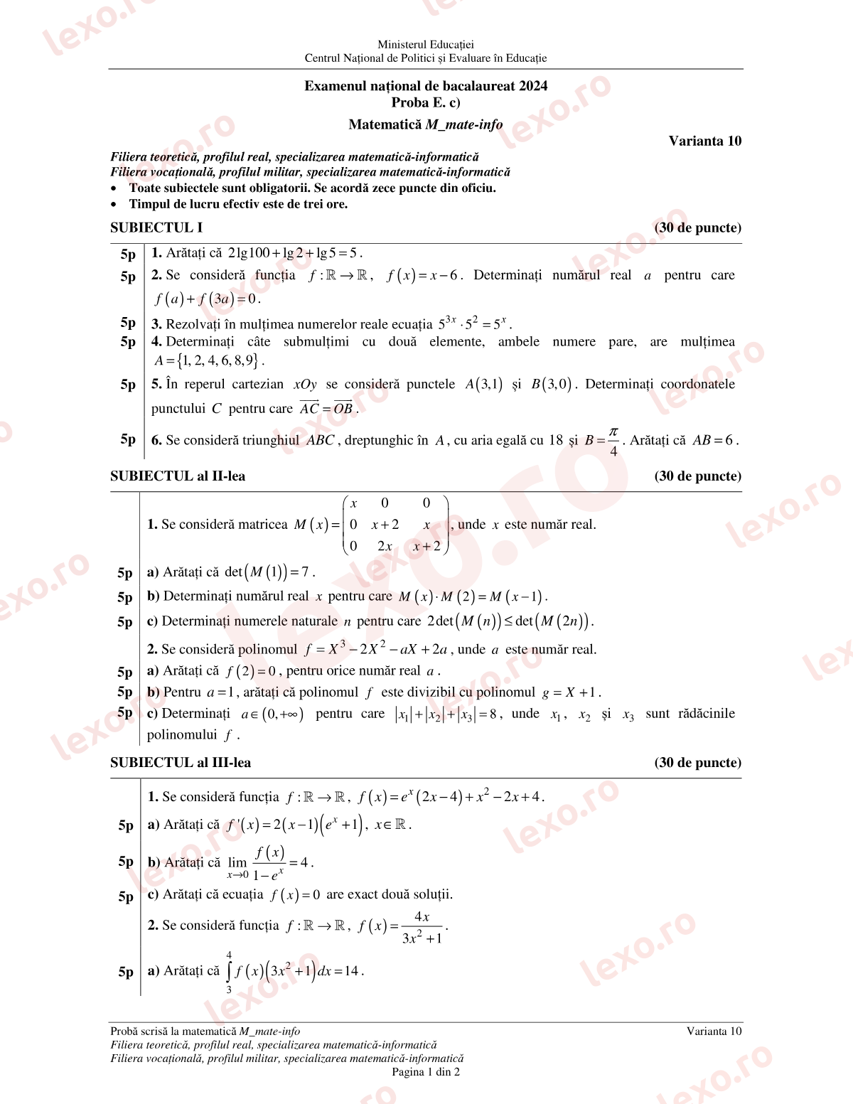 Subiecte Bacalaureat 2024 – Matematică M_mate-info – sesiunea iunie–iulie (subiect + barem)