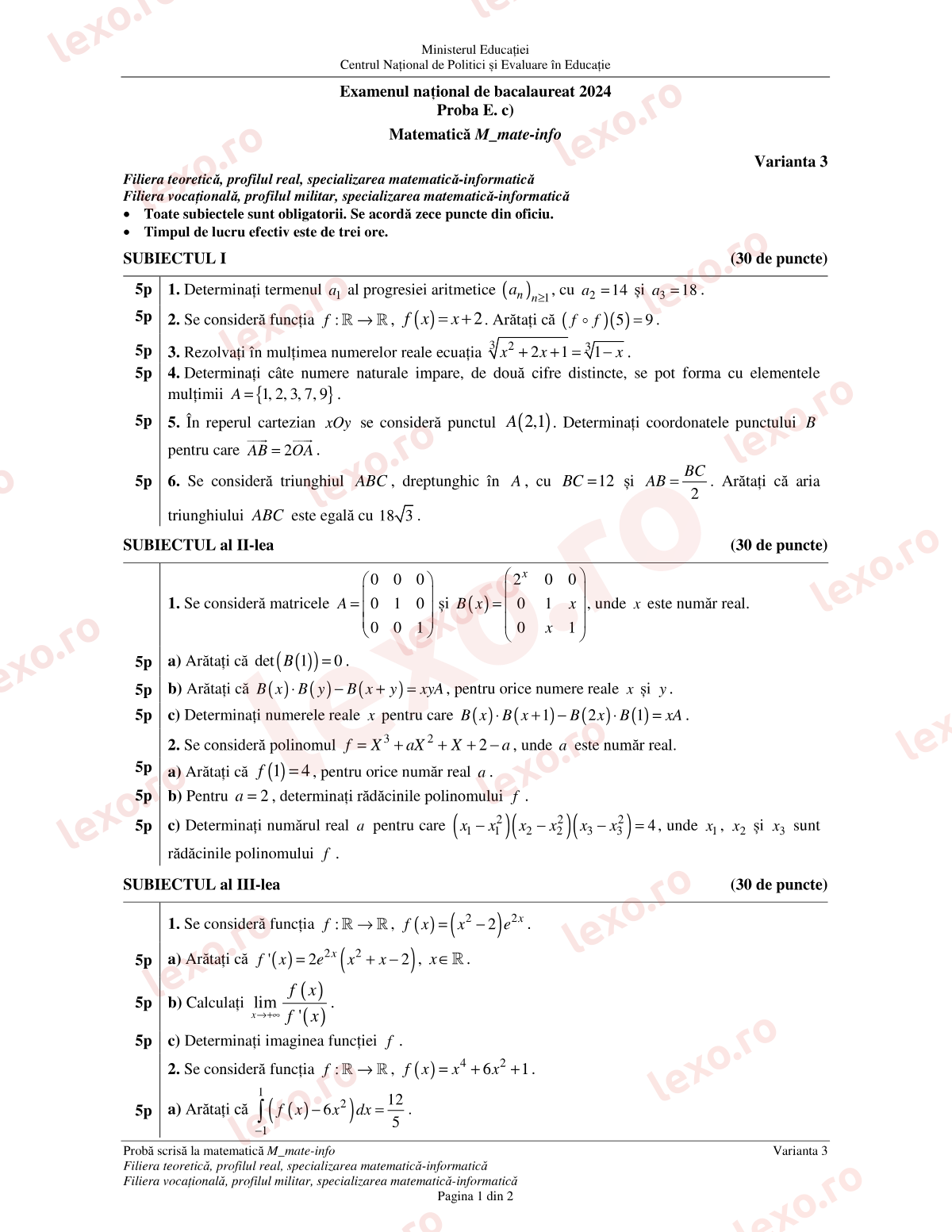 Subiecte Bacalaureat 2024 – Matematică M_mate-info – sesiunea august–septembrie (subiect + barem)