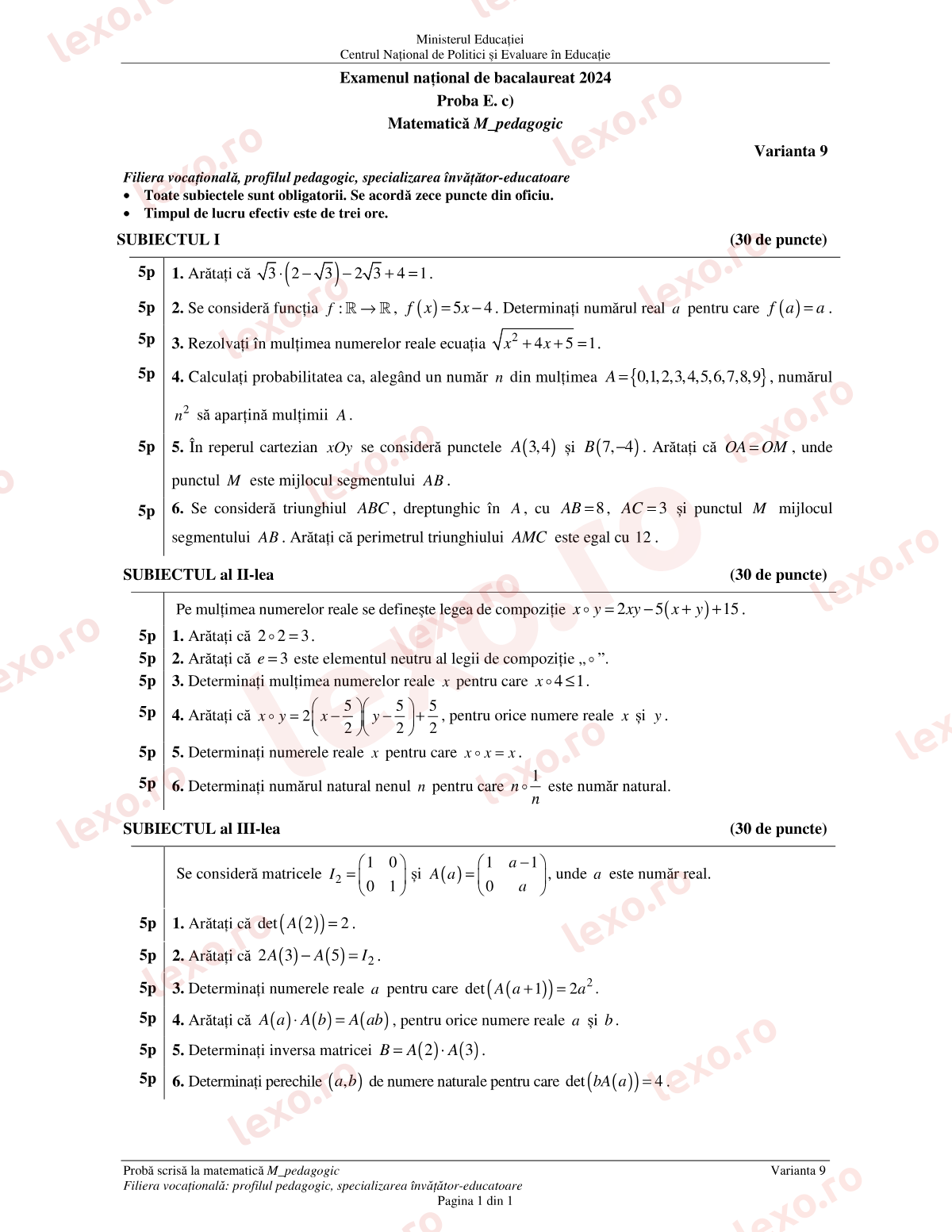 Subiecte Bacalaureat 2024 – Matematică M_pedagogic – sesiunea specială (subiect + barem)