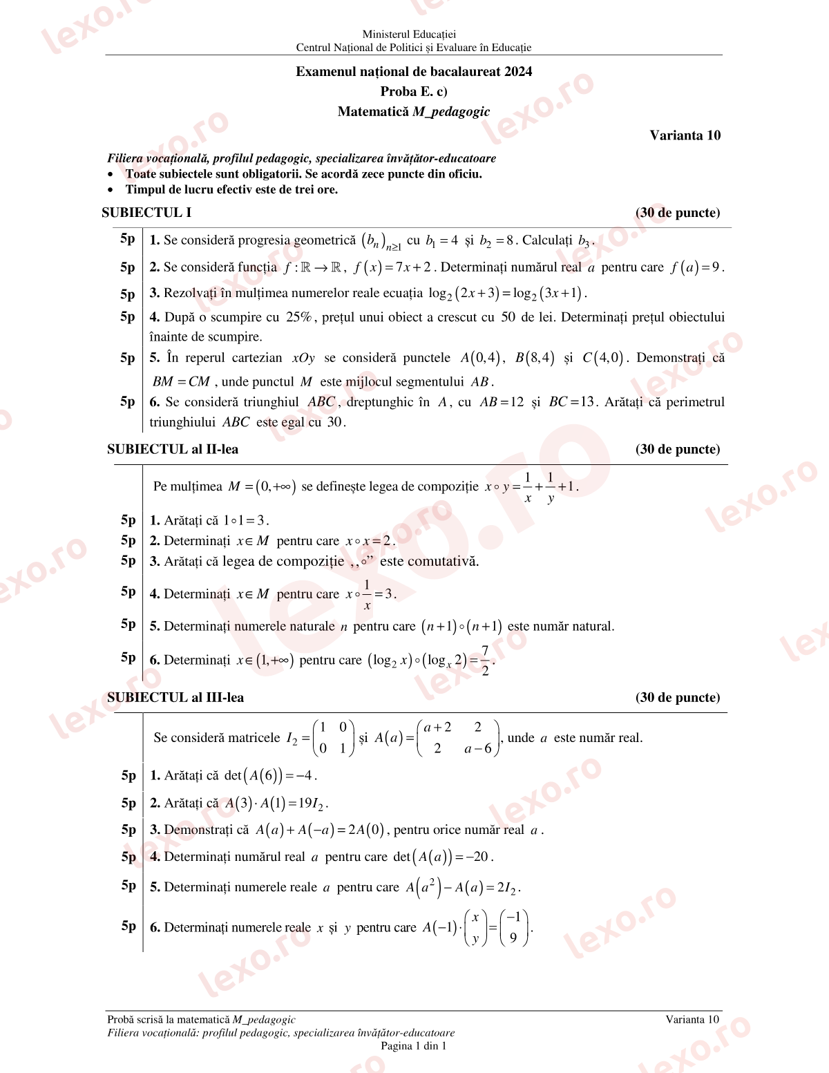 Subiecte Bacalaureat 2024 – Matematică M_pedagogic – sesiunea iunie–iulie (subiect + barem)
