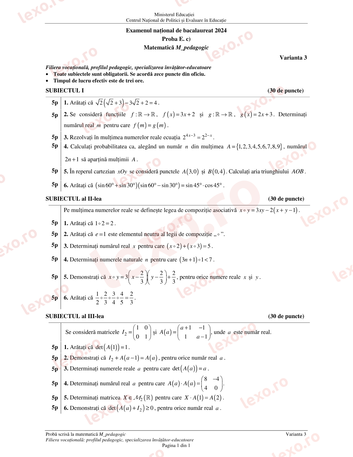 Subiecte Bacalaureat 2024 – Matematică M_pedagogic – sesiunea august–septembrie (subiect + barem)