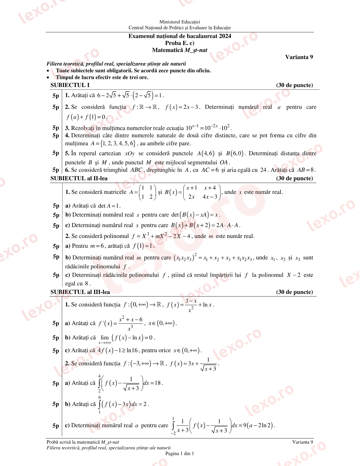 Subiecte Bacalaureat 2024 – Matematică M_științele-naturii – sesiunea specială (subiect + barem)