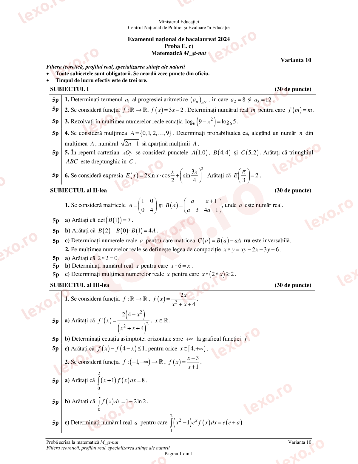 Subiecte Bacalaureat 2024 – Matematică M_științele-naturii – sesiunea iunie–iulie (subiect + barem)