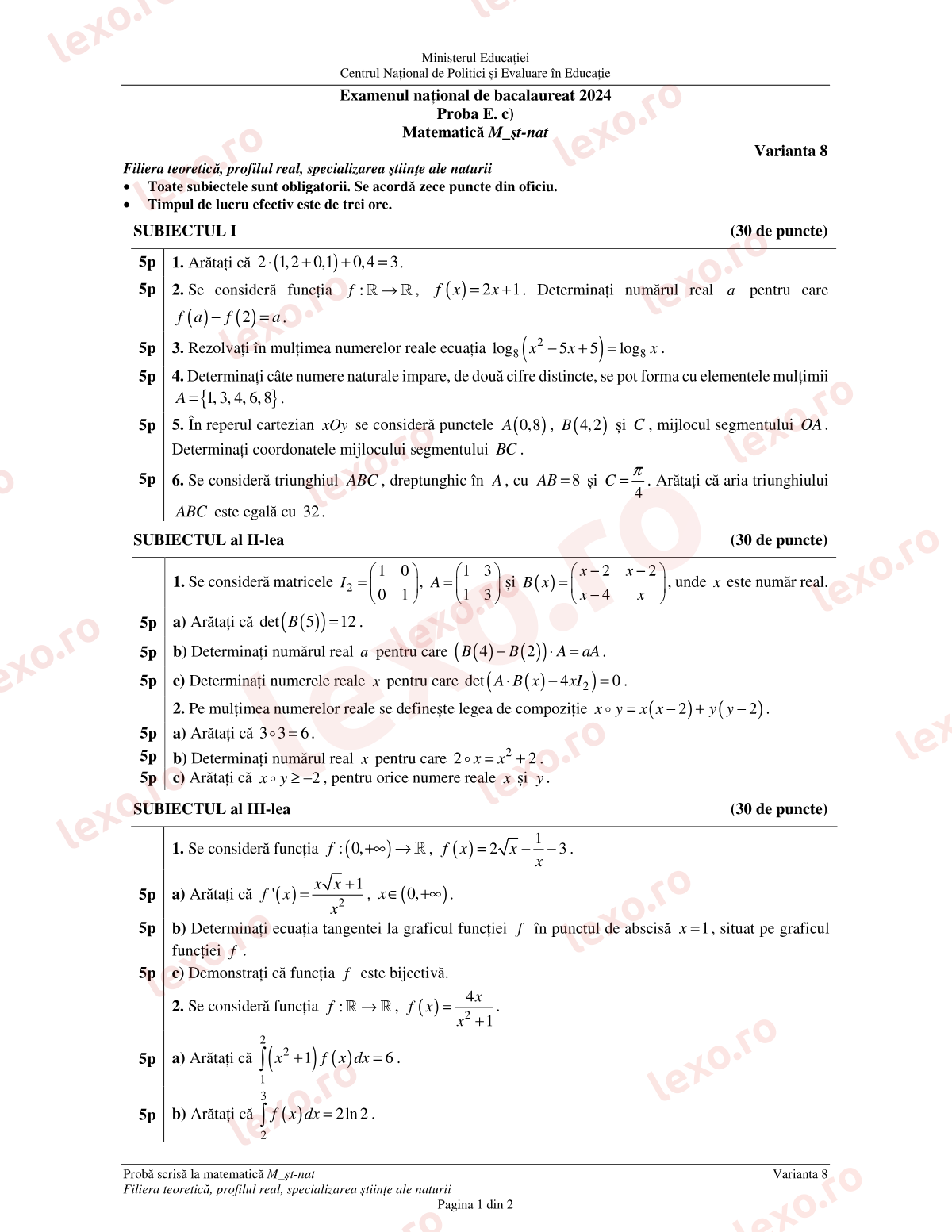 Subiecte Bacalaureat 2024 – Matematică M_științele-naturii – sesiunea iunie–iulie, rezervă (subiect + barem)