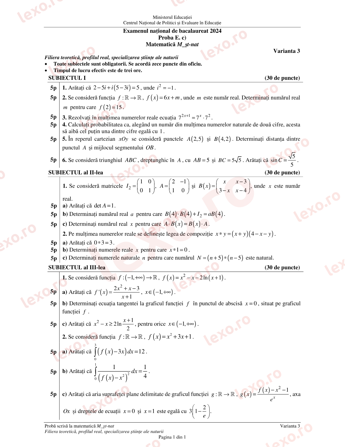 Subiecte Bacalaureat 2024 – Matematică M_științele-naturii – sesiunea august–septembrie (subiect + barem)