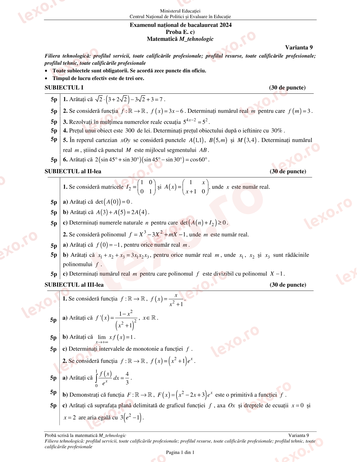 Subiecte Bacalaureat 2024 – Matematică M_tehnologic – sesiunea specială (subiect + barem)