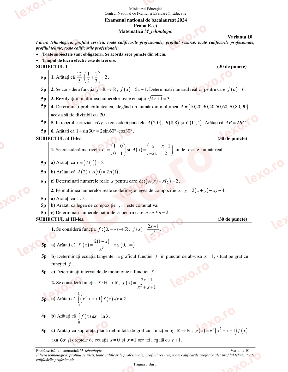 Subiecte Bacalaureat 2024 – Matematică M_tehnologic – sesiunea iunie–iulie (subiect + barem)