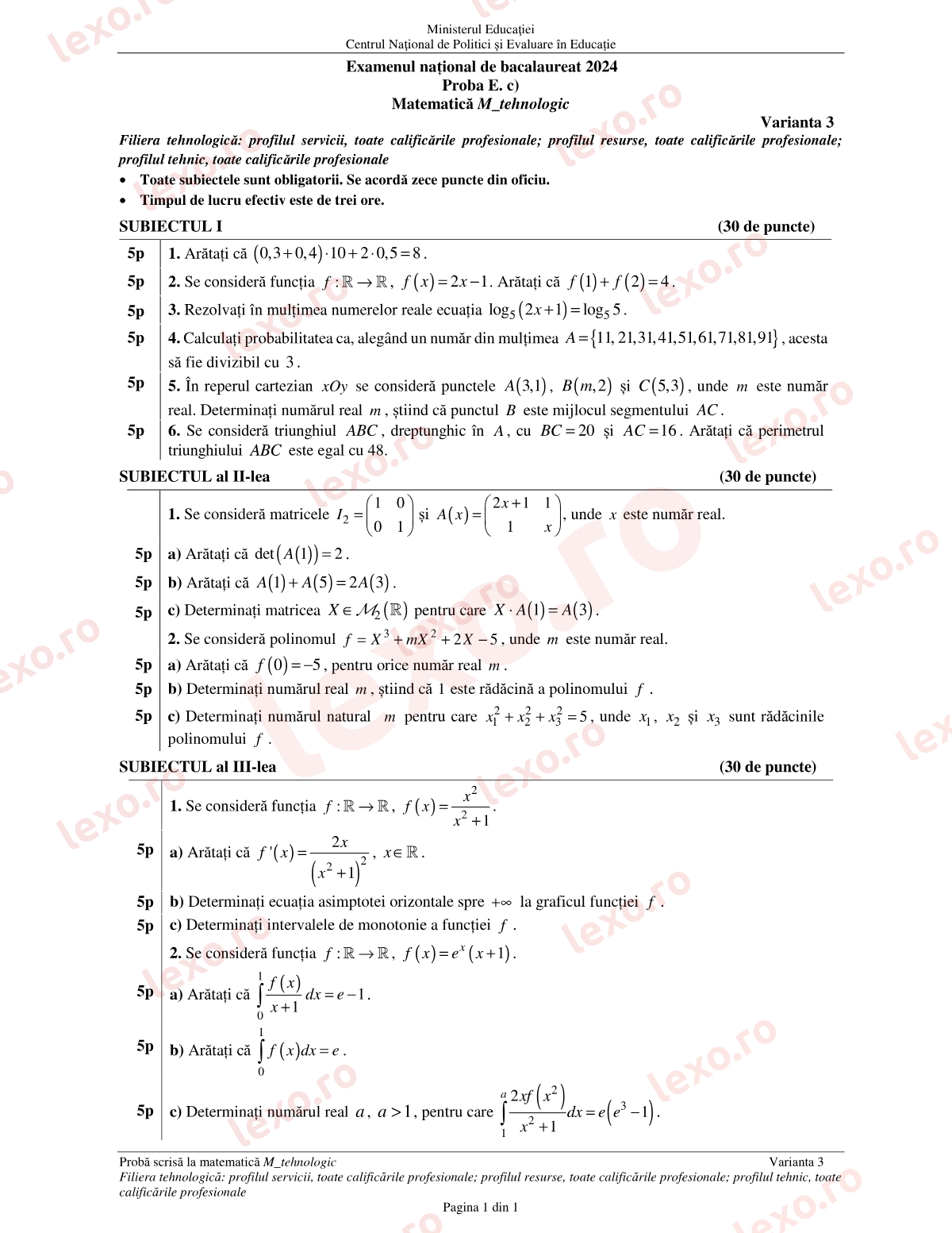 Subiecte Bacalaureat 2024 – Matematică M_tehnologic – sesiunea august–septembrie (subiect + barem)