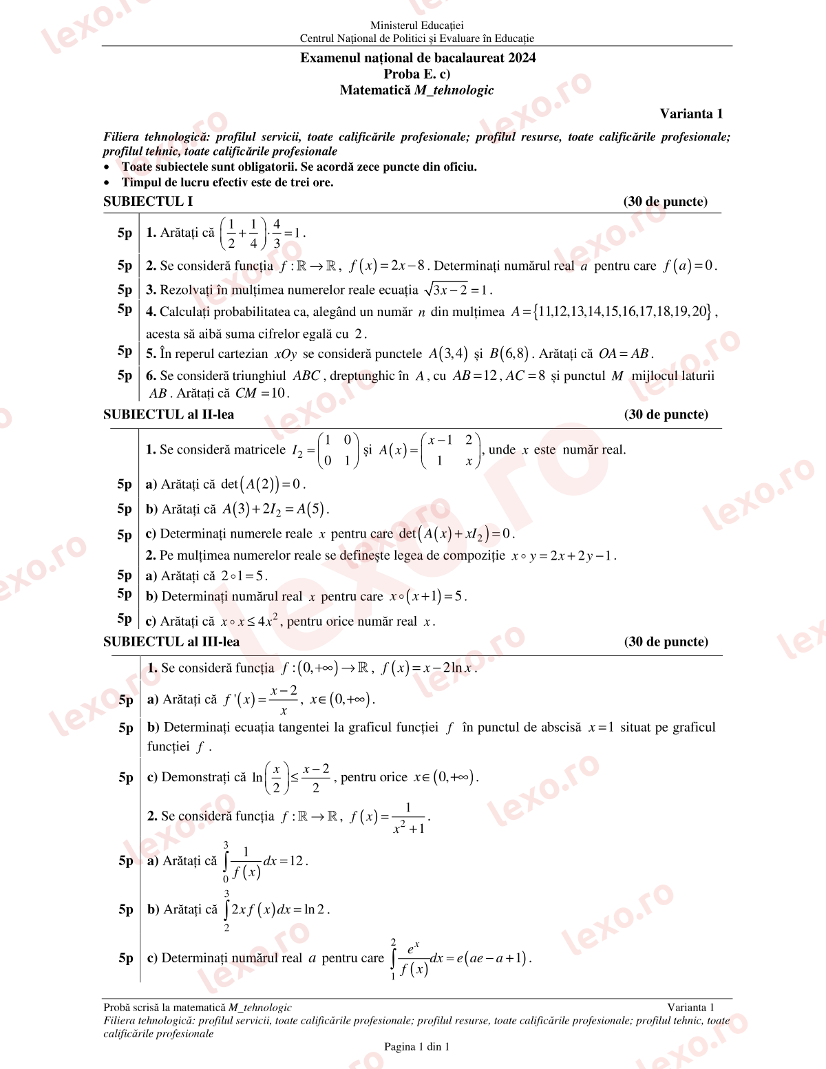 Subiecte Bacalaureat 2024 – Matematică M_tehnologic – sesiunea august–septembrie, rezervă (subiect + barem)