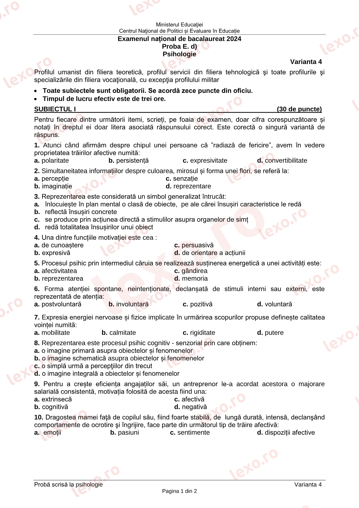 Subiecte Bacalaureat 2024 – Psihologie – sesiunea specială (subiect + barem)