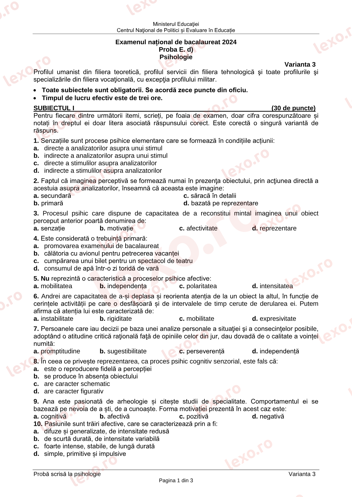Subiecte Bacalaureat 2024 – Psihologie – sesiunea iunie–iulie (subiect + barem)