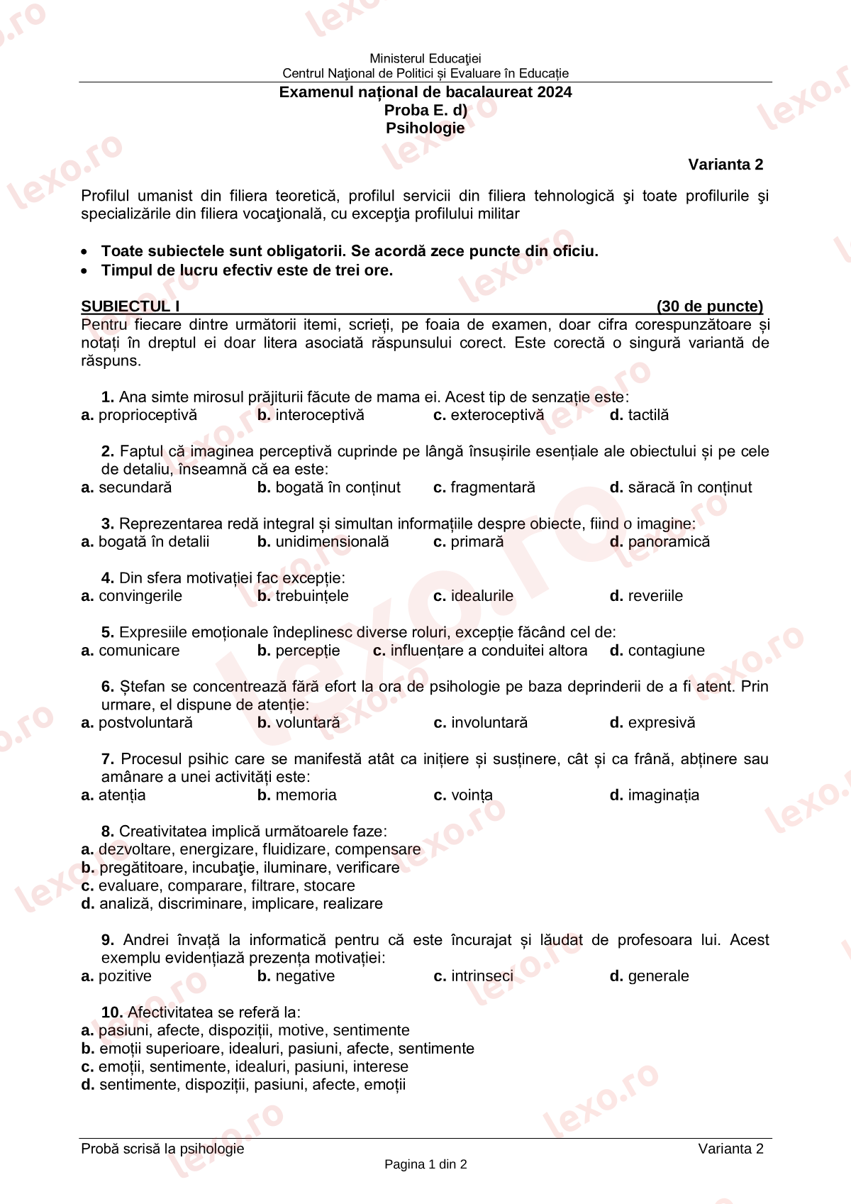 Subiecte Bacalaureat 2024 – Psihologie – sesiunea iunie–iulie, rezervă (subiect + barem)