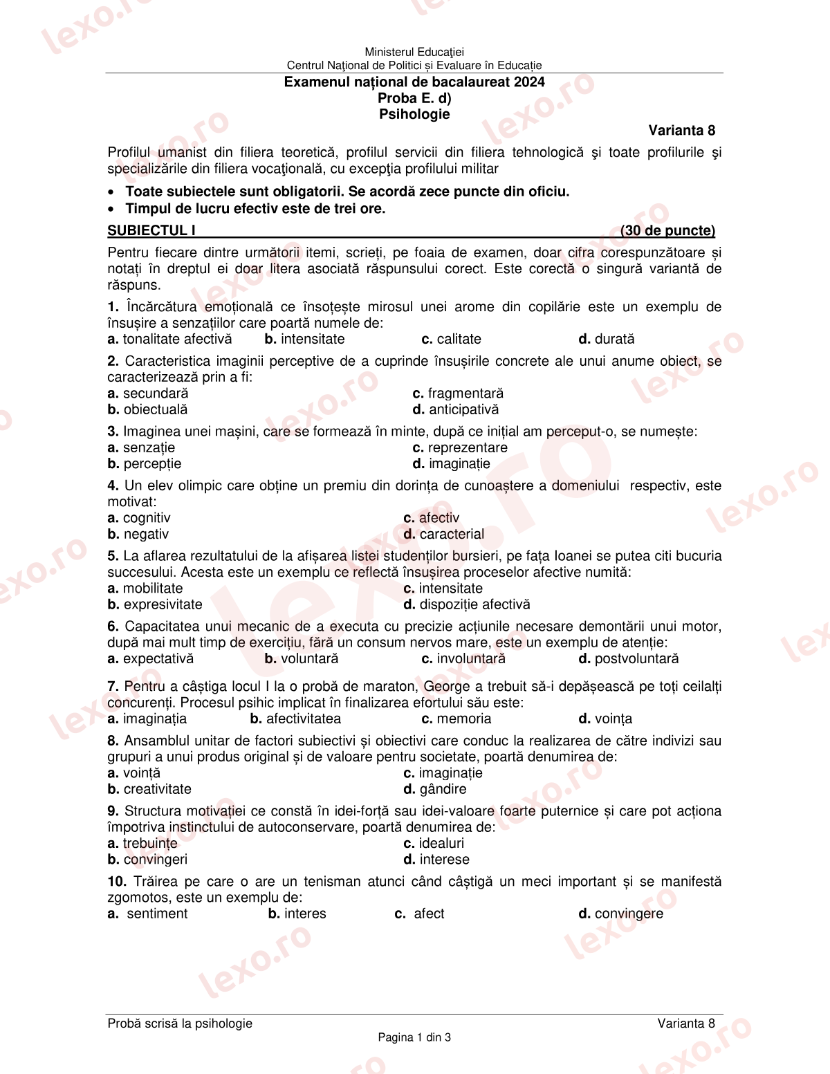 Subiecte Bacalaureat 2024 – Psihologie – sesiunea august–septembrie (subiect + barem)