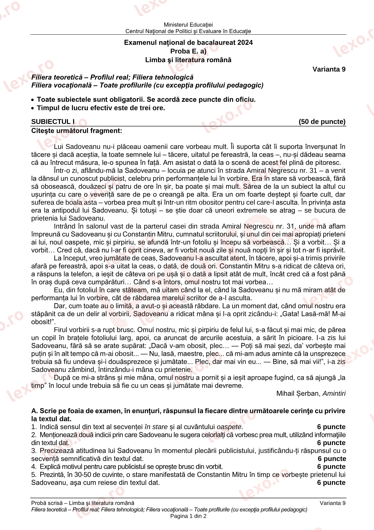 Subiecte Bacalaureat 2024 – Limba și literatura română — profil real / tehnologic – sesiunea specială (subiect + barem)