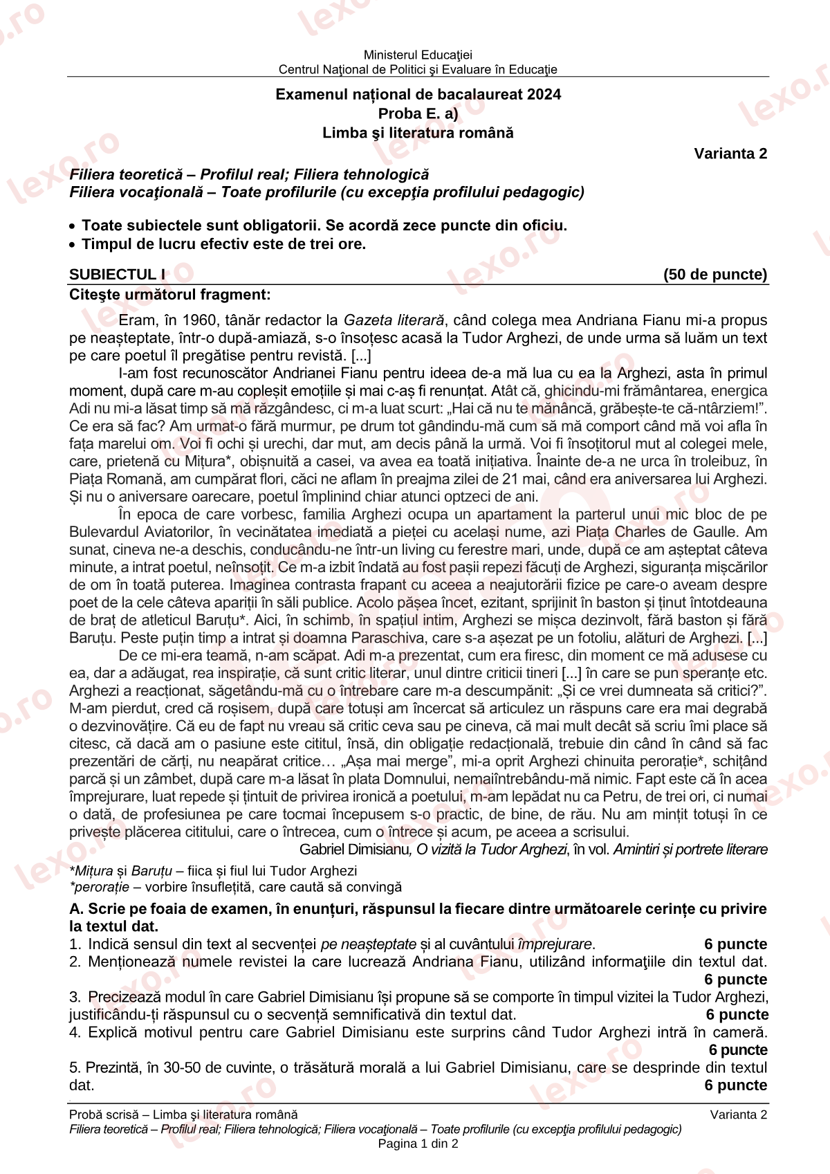 Subiecte Bacalaureat 2024 – Limba și literatura română — profil real / tehnologic – sesiunea iunie–iulie (subiect + barem)
