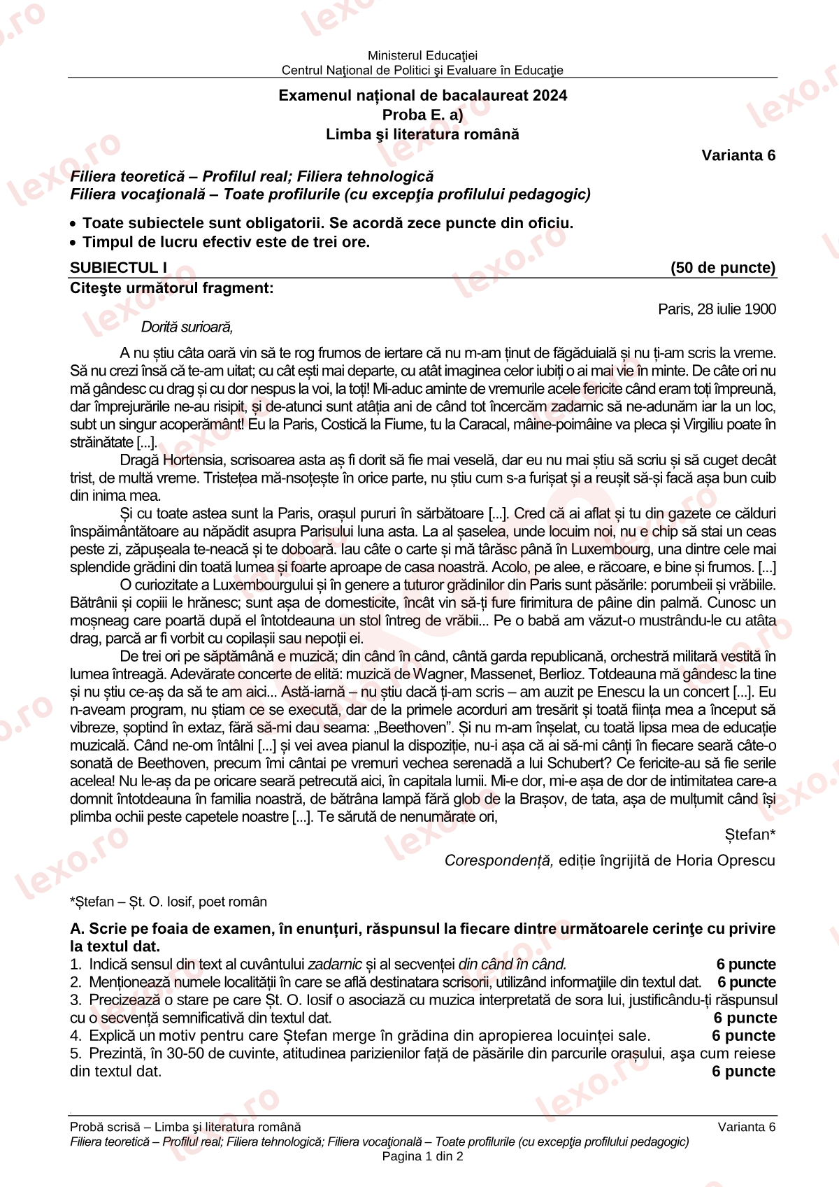 Subiecte Bacalaureat 2024 – Limba și literatura română — profil real / tehnologic – sesiunea iunie–iulie, rezervă (subiect + barem)