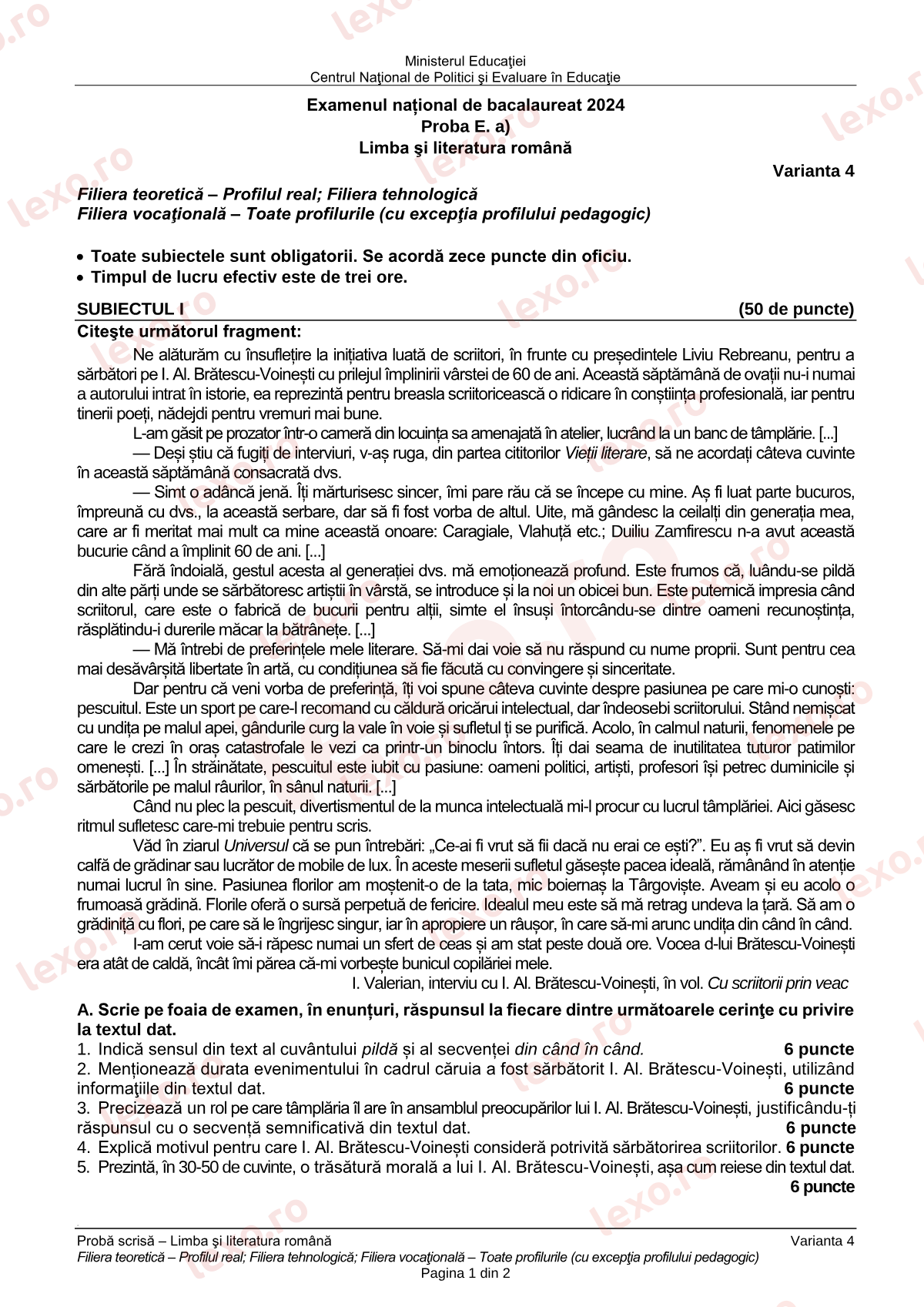 Subiecte Bacalaureat 2024 – Limba și literatura română — profil real / tehnologic – sesiunea august–septembrie (subiect + barem)
