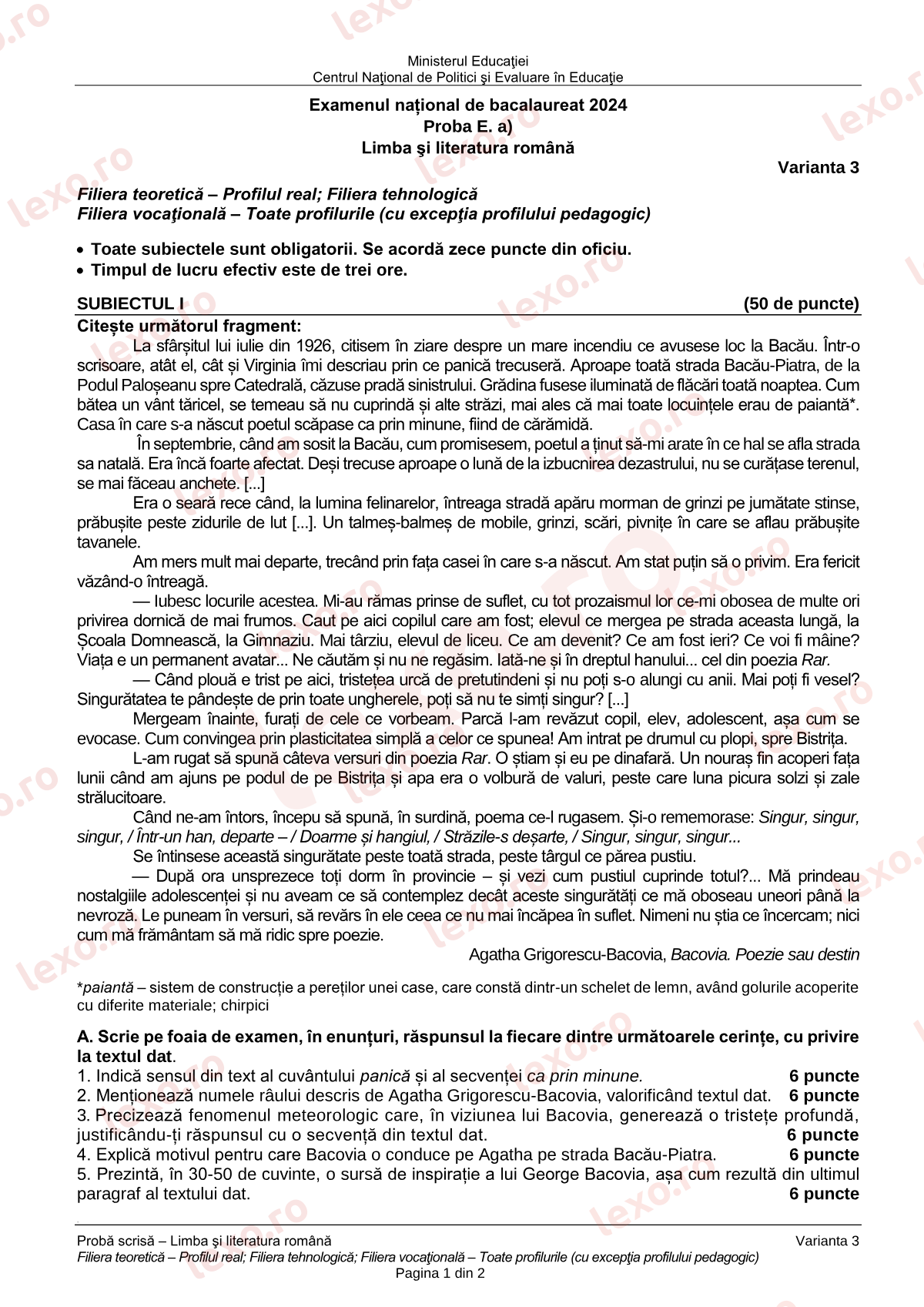 Subiecte Bacalaureat 2024 – Limba și literatura română — profil real / tehnologic – sesiunea august–septembrie, rezervă (subiect + barem)