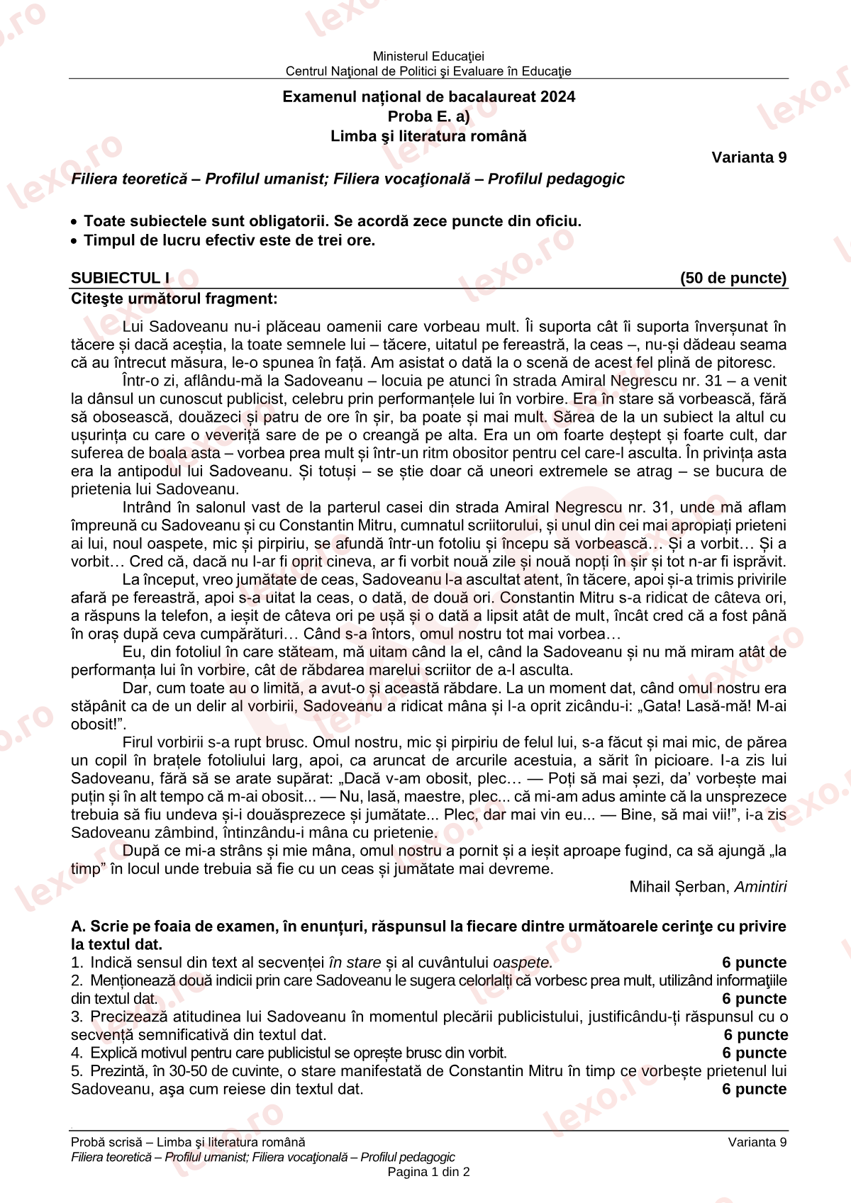 Subiecte Bacalaureat 2024 – Limba și literatura română — profil uman / pedagogic – sesiunea specială (subiect + barem)
